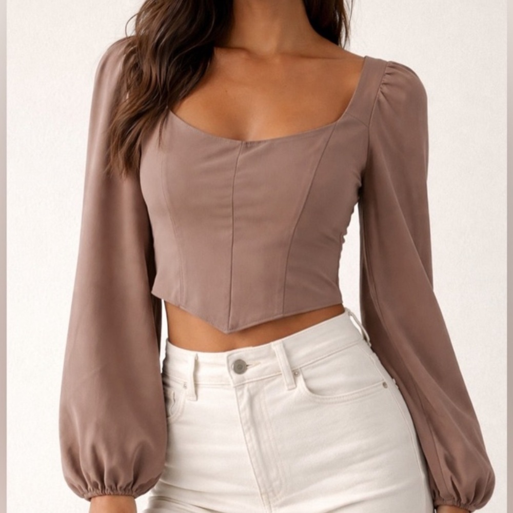 Abercrombie & Fitch Sweetheart Corset Top – Long Sleeve, Light Brown | M | NWOT
